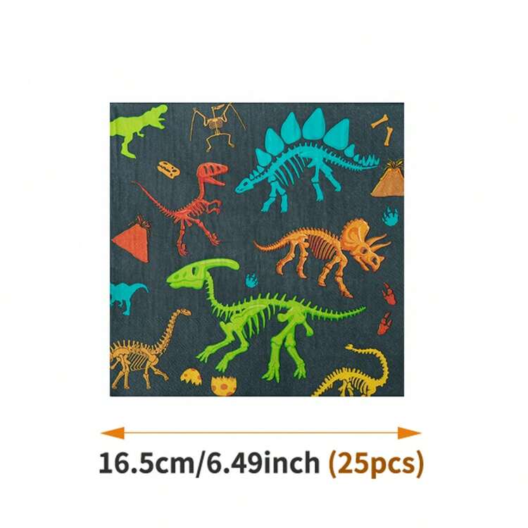 恐龙化石生日快乐一次性餐盘、餐巾纸、杯子套装，包含餐盘、餐巾纸和杯子，适合10位客人使用，一次性纸盘，派对餐具，适用于生日、婚礼、聚会、家庭野餐等场合。 - 查看 6