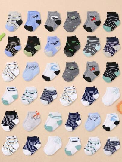24/12 Pairs Random Cute Dinosaur Pattern Baby Boy Leg Warmers Set, Including Striped, Patchwork, Tiger Jacquard Designs, Comfortable & Versatile, Suitable For Daily Wear & Sports, Fit For 0-36 Months Infants & Toddlers, Great As Gifts
