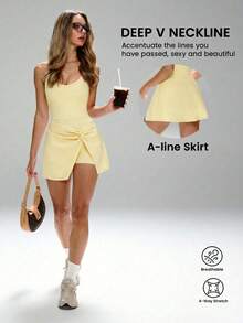 Sujetador desmontable y pantalones cortos con diseño de control de abdomen, vestido multifuncional de yoga a calle con diseño de protección de privacidad - Amarillo - Ver 2