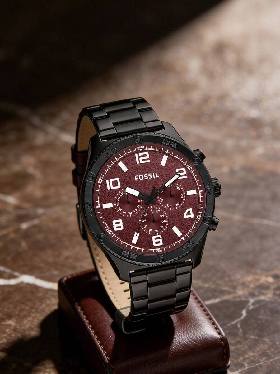 Fossil 男士石英皮革三针腕表，不锈钢表壳/玻璃镜片，型号：BQ2801/BQ2803 - 玫紅色 - 查看 1