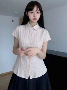 韓式甜美條紋收腰花瓣袖上衣，獨特設計修身襯衫上衣，夏季粉紅色 - 粉色 - 查看 5