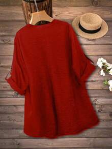 Camisa casual de talla grande con botones decorativos y cuello de solapa - Rojo - Ver 4