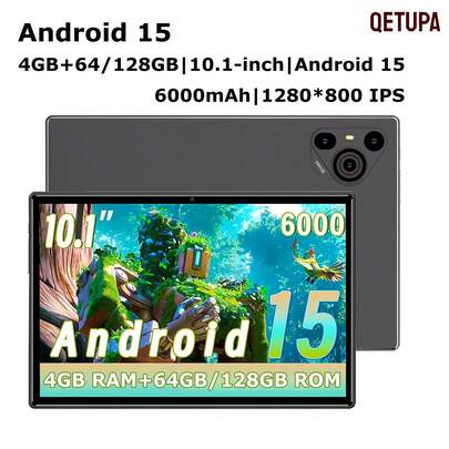 Qetupa Android 15 平板电脑，10.1 英寸 MTK 6762 八核处理器，4GB 运行内存，64GB/128GB 机身存储，支持 1TB 扩展，6000mAh 电池，5MP+13MP 双摄像头，支持 Widevine L1，分屏显示，家庭和工作模式