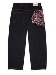 Fashionable Dark Blue Jeans With Cherry Blossom Pocket Design, Slimming Straight-Leg Pants - màu đen - Xem 2