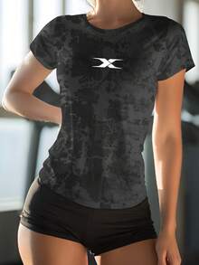 女士T恤，女士休闲纯色圆领短袖T恤，洛杉矶艺术印花圆领T恤，适合运动跑步、训练健身等，轻便男友风休闲装 - 彩色 - 查看 1