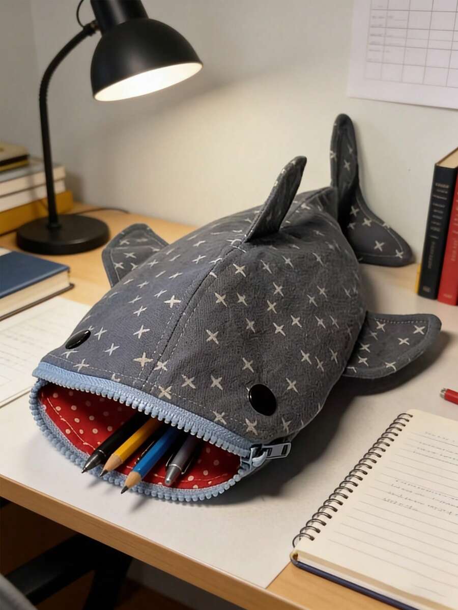 Durable Canvas Shark Shaped Pencil Case, With Cute Star Pattern, Fashionable Zipper Stationery Bag, Suitable For Teenagers And Office Use, Stationery Storage Bag, Shark Shaped Bag, Denim Style - Multicolor - View 1