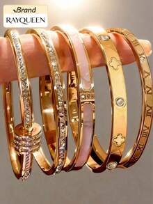 RAYQUEEN Fashionable Stainless Steel Versatile Four-Leaf Clover Rhinestone Stackable Bracelet Set, Suitable For Daily Wear And Gift Giving - Yellow Gold - View 9
