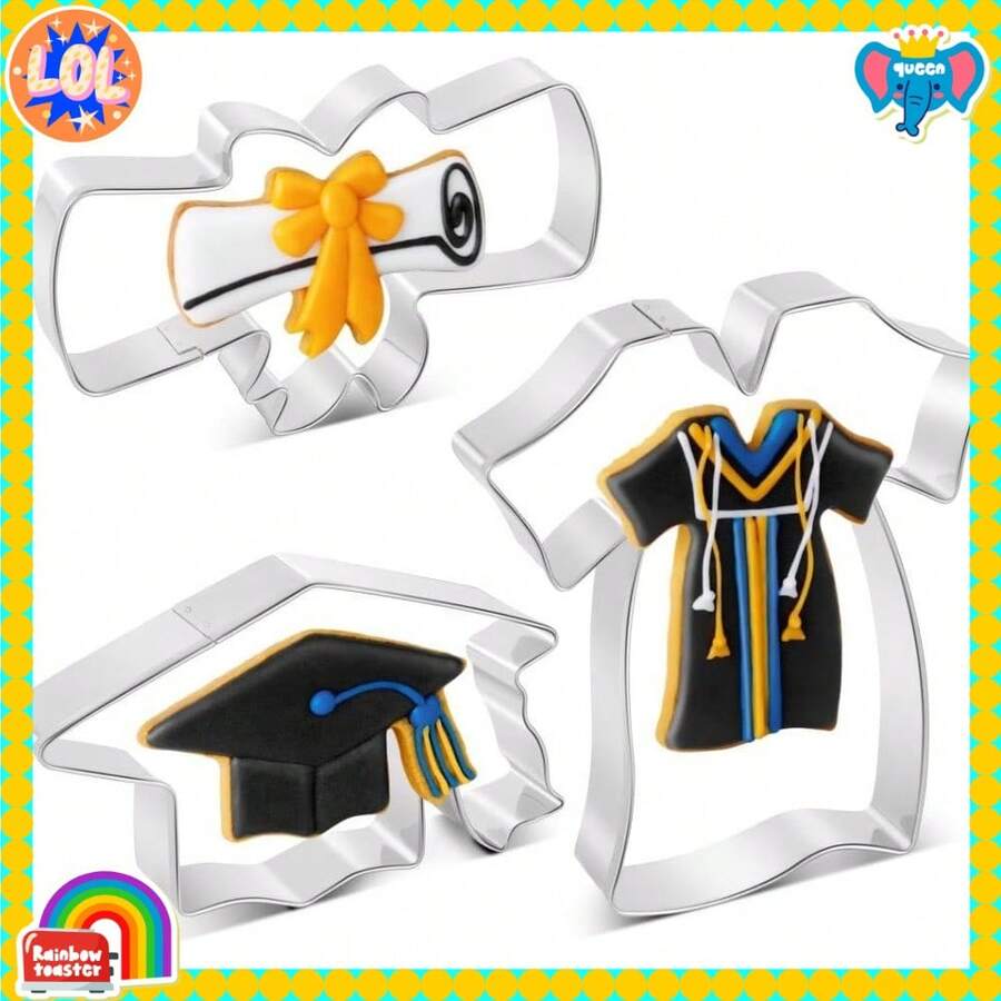 Graduation Cookie Cutters Set 3 Pieces, Stainless Steel Graducation Cap Cookie Cutter, Diploma, Graduation Gown Dress Cookie Cutter For Graduation Celebration Party - Default - View 1