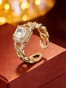 1pc Luxury Niche Design Chain Open Ring, Exquisite Zirconia Stone Band, Elegant Versatile Commuter Accessory - Open Ring - View 8