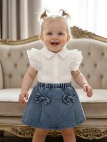 2pcs/Set Baby Girls' Spring/Summer Outfit, Full-Open Vertical Striped Jacquard Texture Ruffle Trim Cap Sleeve Shirt, Denim Skirt, Comfortable Elastic Waist, Bow Decor, Versatile Fashion, Suitable For Kindergarten, Student Back To School Uniform - White - View 8