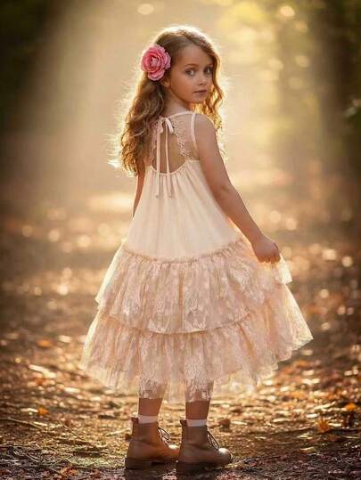 Tween Girl Solid Color Lace Camisole Patchwork Backless Hollow Out Wedding Flower Girl Birthday Party Elegant Cute Princess Dress With Ruffle Hem And Tail