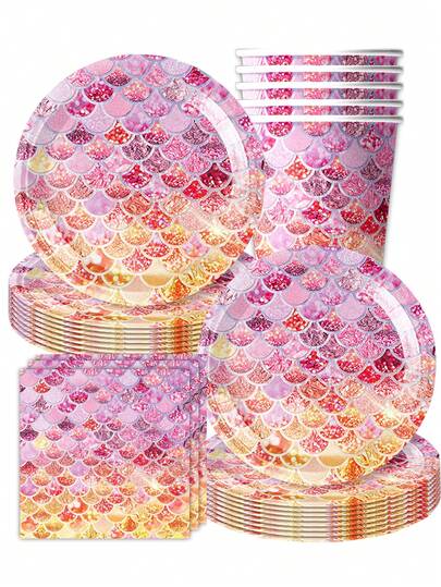 Bộ 10 món đồ dùng trang trí tiệc sinh nhật chủ đề đuôi cá và vảy cá, bao gồm đĩa, cốc, khăn giấy, đồ dùng cần thiết cho tiệc trà, cắm trại và sinh nhật.