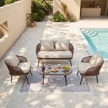 LITTLE TREE 4-Piece Outdoor Patio Furniture Set, Wicker Rattan Conversation Furniture Set With Removable Cushions And Glass Coffee Table For Balcony, Backyard Porch, Poolside - màu nâu - Xem 11