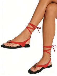 Flat Sandals For Women Roman Style Strappy Sandals Comfortable Dressy Beach Flip Flop Slides Thong Sandals With Metal Circular Spring Summer Outfits - Đỏ - Xem 2