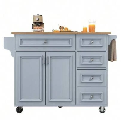 Kitchen Island (110*45-75*92cm), Modern Kitchen Island, Kitchen Cabinet, Pull-Out Serving Cart, Buffet, Vintage Print Dining Cart, Sideboard, Multifunctional Dining Table With Storage Space, Blue