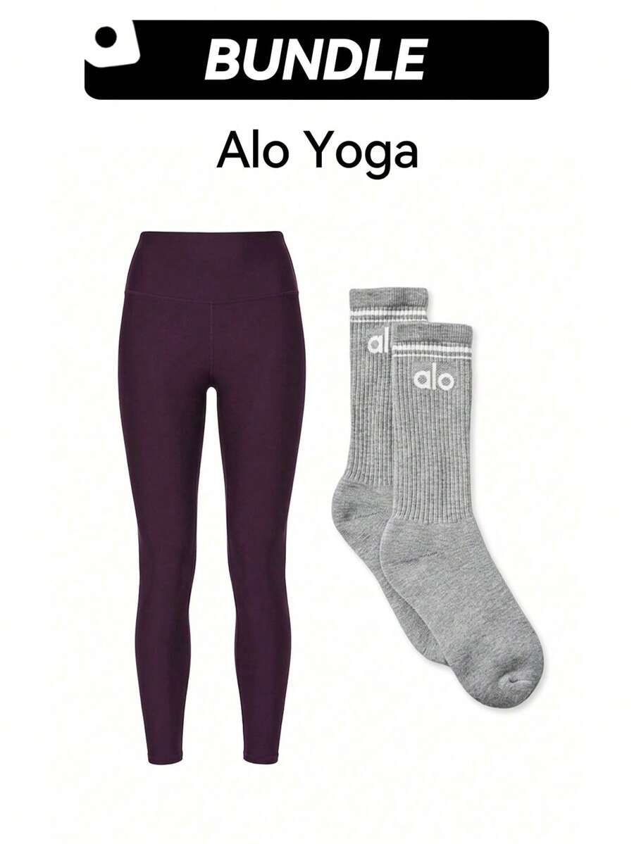 Alo 紧身裤和复古袜子套装 透气柔软弹力轻盈高腰日常瑜伽健身男女通用 红色和灰色 W5766R-酒红色+A0357U-灰色 - 深紫色-Grey - 查看 1