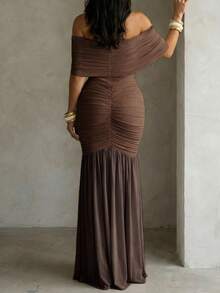 Vestido Maxi Elegante de unicolor con Volantes, Hombros Descubiertos, Cremallera, Formal para Fiesta de Noche, Playa, Boda, Primavera, Marrón para Mujeres - Marrón - Ver 5