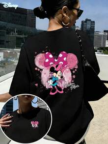 Women's Summer Slim T-Shirt, 100% Cotton Short-Sleeved Shirt "Disney" Minnie Mouse Pink Bow Dream Print Women's Summer Clothing, Simple And Versatile Round Neck T-Shirt, Casual And Comfortable Pullover, Suitable For Home Wear, Go Out To Play Wear, Women's New Clothing. - màu đen - Xem 1