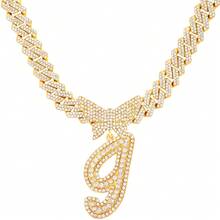 14mm Cuban Link Crystal Butterfly Letter Name Pendant Necklace, Sparkling Paved Rhinestone Cursive Letter Hip Hop Jewelry, New Arrival - Necklace - View 23