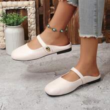 女士套脚凉鞋，波西米亚风PU皮平底沙滩拖鞋，适合海滩、度假、春夏秋季穿着。 - 米色 - 查看 4