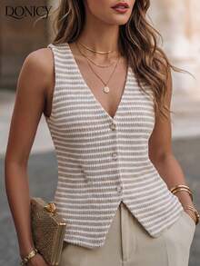 DONICY Women's Casual Striped Knit Vest, Textured Fabric With V-Neck, Button Front & Waist-Fitted Design, Perfect For Spring Layering & Daily Wear - Apricot - View 1