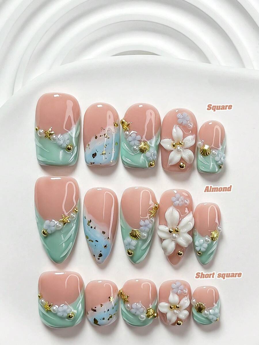 10件套夏季风手工美甲套装,包含凝胶美甲套装、花朵贴纸、贝壳、金箔美甲装饰、手工五瓣花和波浪美甲贴、绿色和蓝色指甲油,充满度假风情,附赠美甲工具(1个果冻贴纸+1个指甲锉),三种尺寸可选:方形、短方形、杏仁形,适合派对、日常佩戴、活动、拍照等场合,春夏必备美甲贴片。 - 彩色 - 查看 1