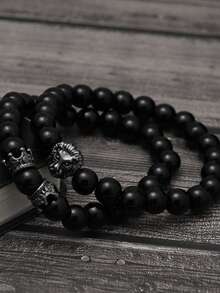 3pcs Minimalist Business Men's Quartz Watch Set, Men's Rugged Business Style Multifunctional Quartz Watch Set, Including A Black Steel Strap Men's Quartz Watch, A Black Round Bead Lion-Head Crown Decorative Men's Bracelet, And A Black PU Leather Short Wallet. Centered On A Calm Black Color Scheme And A Bold, Masculine Design - Black - View 5