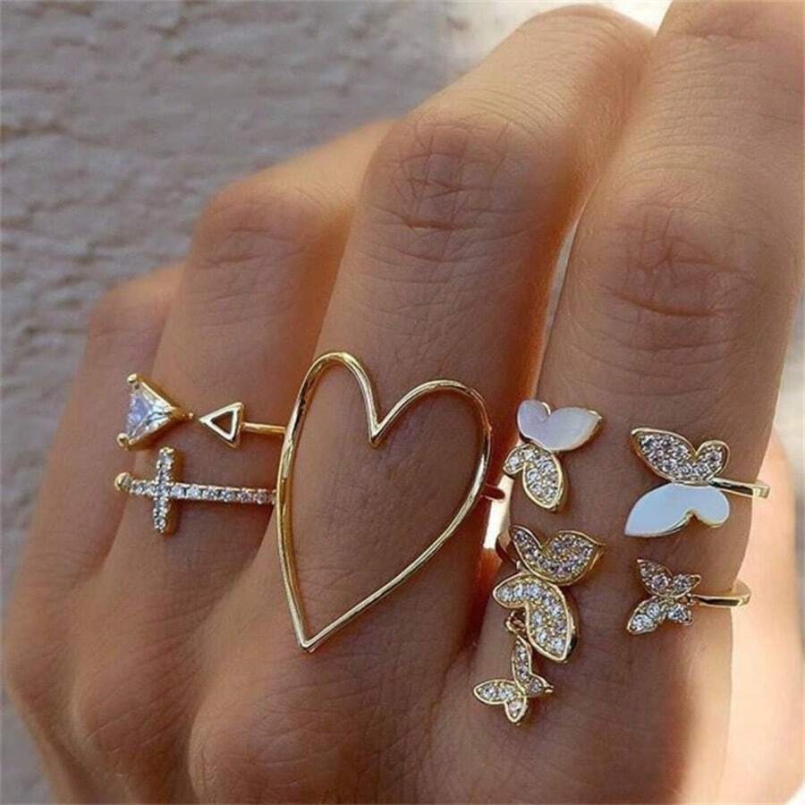 Bộ nhẫn điều chỉnh được thiết kế hình bướm và lá đính đá, nhẫn đeo ngón tay sang trọng, thanh lịch dành cho nữ. - 14 - Xem 1