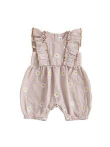 Newborn Baby Girl Summer Clothes Daisy Flying Sleeve Jumpsuit Romper Ruffle Onesie Infant Outfit 3 6 12 18 Months,Baby Girl Striped Clothes - 咖啡色 - 查看 1