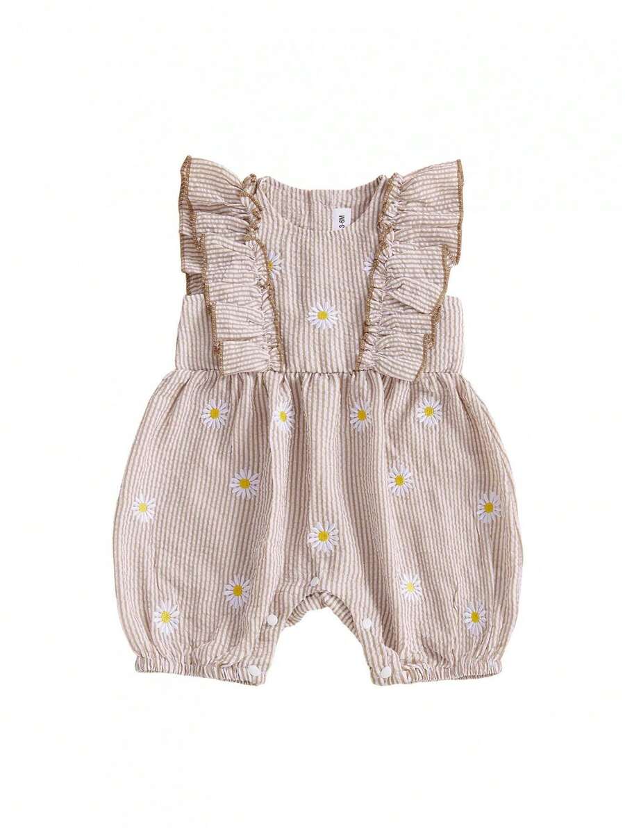 Newborn Baby Girl Summer Clothes Daisy Flying Sleeve Jumpsuit Romper Ruffle Onesie Infant Outfit 3 6 12 18 Months,Baby Girl Striped Clothes - 咖啡色 - 查看 1