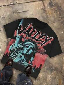 Nuevas  de moda Godspeed The World Is Mine Apocalyptic Liberty Camiseta Gráfica Oversized para Hombre, Manga Corta, 100% Algodón, Corte Holgado, Estilo Urbano Y2K, Casual Vintage, Estética de Ciudad con Ojos Rojos, Holgada, 100% Algodón, Regalo - Negro - Ver 9