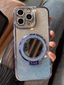 1个奢华电镀水钻亮片化妆镜磁吸支架手机壳，兼容 17 Pro Max、17 Pro、17 Air、17、16、15、14、13、12 Pro Max，创意水钻边框，全摄像头镜头保护膜，防震保护套 - 藍色 - 查看 2