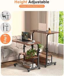 Portable Rolling Desk With Wheels, Adjustable Height 32" Computer Desk With Storage Shelves For Small Spaces, Home Office Rustic Style - 鏽棕色 - 查看 6
