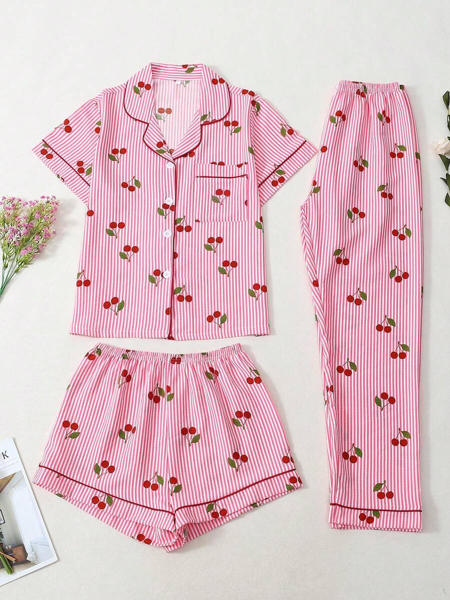 3pcs Women Striped Cherry Print Short Sleeve Top, Shorts & Pants Pajama Set, Casual Comfortable Loungewear For Spring, Summer, Autumn & Winter, Suitable For Home & Outdoor Wear - Pink - View 1
