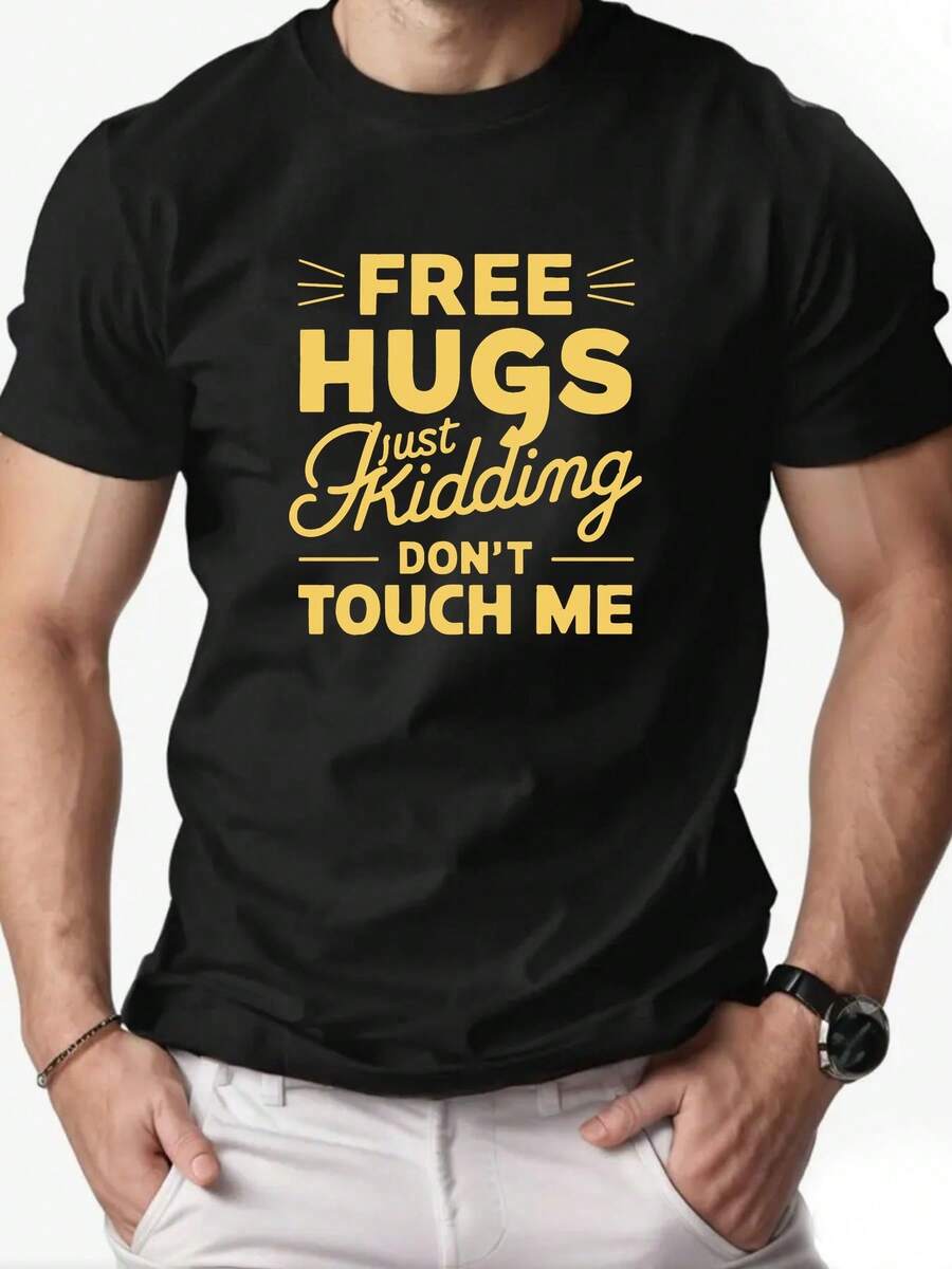 Camiseta de manga corta informal de verano con estampado FREE HUGS para hombre - Negro - Ver 1