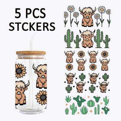 Bộ 5 miếng dán cốc hình cây xương rồng miền Tây và bò cao nguyên, chống nước, chống trầy xước, dạng tinh thể 3D, thích hợp cho cốc thủy tinh 16oz, ly, đồ thủ công, tuyệt vời để trang trí các vật dụng cá nhân! (4.3in x 9.4in)
