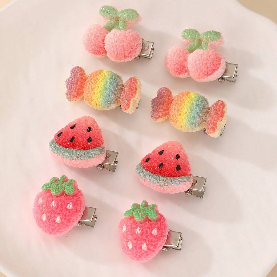 8件套女孩彩色水果西瓜发夹配饰套装，适合日常装饰 - 彩色 - 查看 1