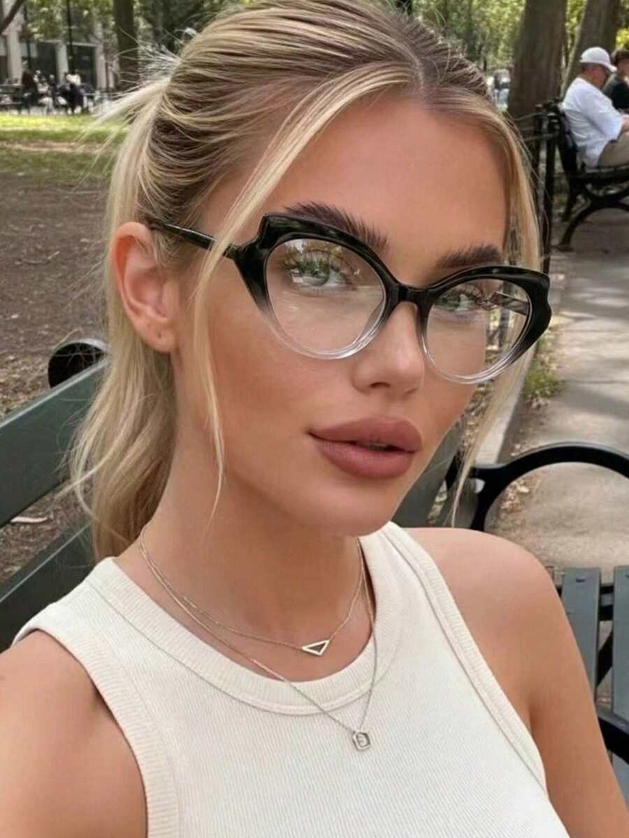 1 par de gafas de ojo de gato asimétricas de plástico y metal con bisagras resistentes y efecto ombre, de estilo casual, de moda retro y personalizado, con estilo callejero Y2K elegante, adecuadas para volver al colegio, citas, vacaciones y uso cómodo - Multicolor - Ver 1