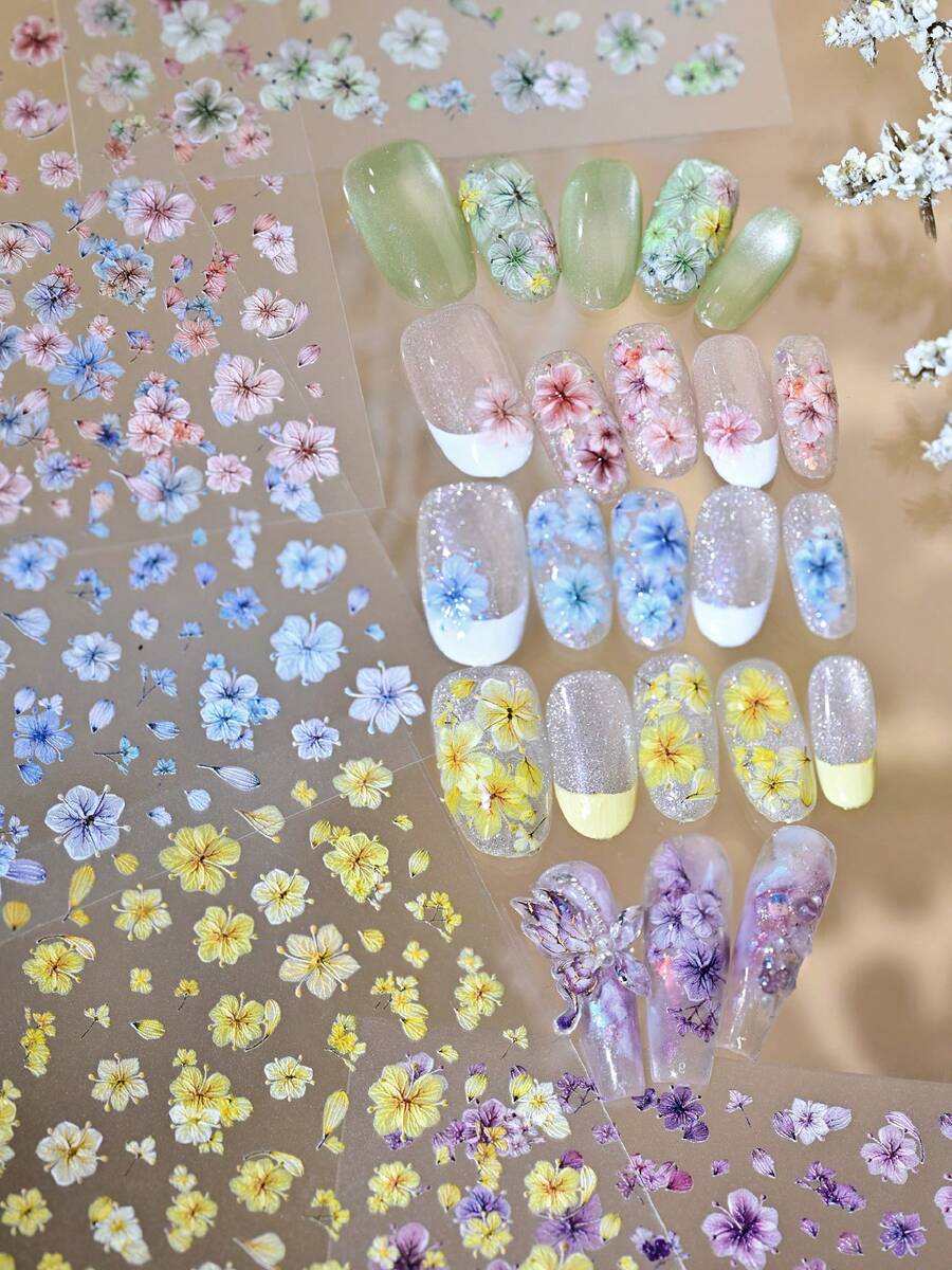 1片升級版3D浮雕美甲貼紙，全息Y2K春季花卉自黏凝膠美甲貼，沙龍與DIY美甲裝飾