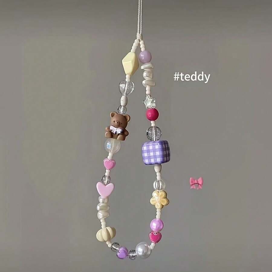 Adorable Bear-Themed Beaded Phone Chain With A Unique Design, Featuring A Girly Heart And Plaid Pattern, Perfect For Hanging Your Phone, Camera - Multicolor - View 1