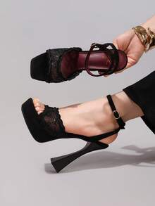 Fashionable Lace Embroidered Black High Heel Sandals, Open Toe Square Heel Wedge Slippers, High Platform Heels For Women, Sexy Party Shoes - Black - View 5