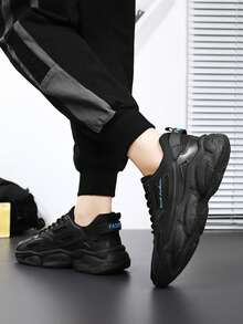 Sepatu Sneakers Chunky Gaya Retro, Patchwork Hitam, Sol Tebal, Peredam Guncangan, Cocok Untuk Lari & Pakaian Kasual, Desain Tali dengan Grafis Huruf - Hitam - View 6