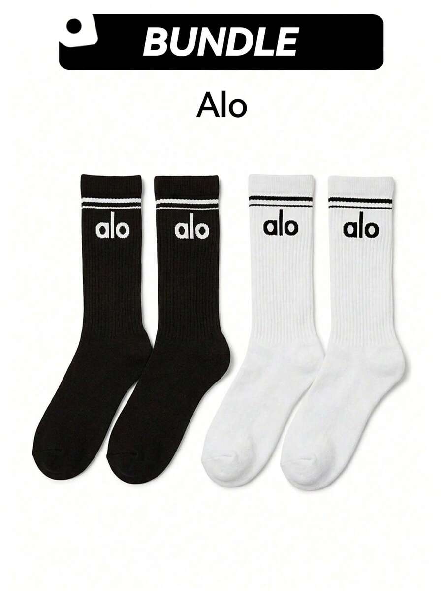 Alo 2双装复古运动袜，透气速干吸汗，柔软弹力，男女通用，黑白配色，货号：A0357U-BLACK+A0357U-WHITE - 黑白 - 查看 1
