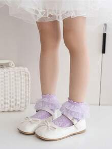 1 par de medias de media pantorrilla con doble capa de encaje y cordones para niñas, calcetines de malla transpirables para baile, cómodos y elegantes calcetines de princesa, estilo ligero para primavera y verano, adecuados para fiestas diarias y bailes, regalo para el Día de la Madre, colores aleatorios - Morado - Ver 6
