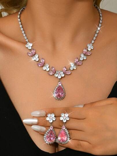 3件套闪耀迷人的新娘婚礼首饰套装，时尚优雅的人造锆石项链耳环配饰组合
