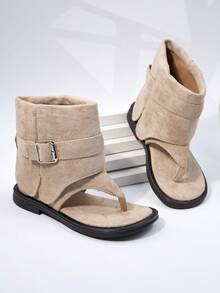 2026春夏新款儿童罗马凉鞋，女童闭趾高帮复古英伦风平底凉鞋，时尚学院幼儿踝靴 - 杏色 - 查看 3