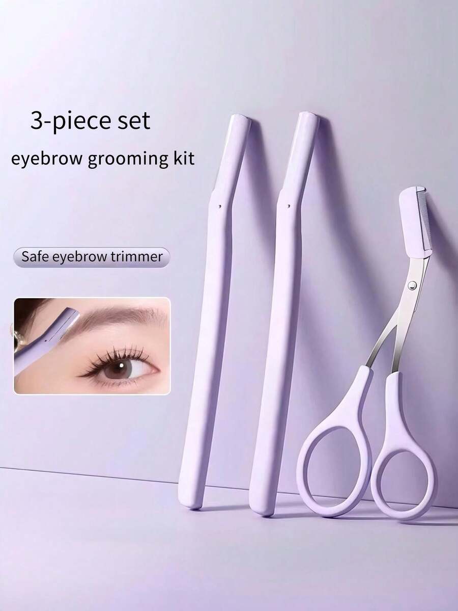 3件套眉毛修剪器套装，眉形修饰工具套装，眉刀，男女通用眉毛修整工具，眼部化妆工具，初学者眉毛修整套装 - 彩色 - 查看 1