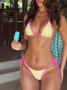 Bộ bikini buộc dây cổ gợi cảm phối màu tương phản dành cho nữ, thích hợp cho kỳ nghỉ xuân, đi biển, mùa hè. - Nhiều màu - Xem 2