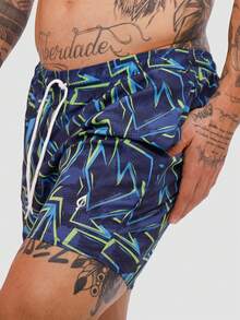 Shorts Masculino Folhagem Azul Básico Tactel com Bolsos e cordão praia, treino, corrida - Geométrica Azul - Visão 3