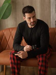 Men's Long Plaid Pajamas Cold Winter Flannel - 紅色 - 查看 3